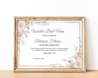 Editable Best Mom Certificate Template, Mother's Day Certificate Best Mom Award Rose Flowers Gift for Mothers Day Digital Download