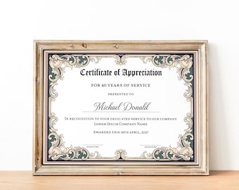 Vintage Years of Service Certificate, Appreciation Certificate Template, Editable Corporate Employee Appreciation Award Certificate Download