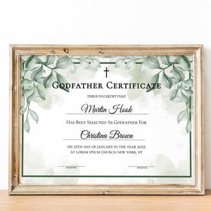 Certificado de padrino editable, plantilla de certificado de padrinos verdes, certificado de bautismo imprimible, certificado de regalo elegante, descargar