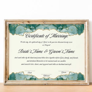 Moderne Heiratsurkunde Vorlage Zertifikat Andenken Kalligraphie Hochzeitsurkunde Aquarell Grün Gold Quäker Andenken Download