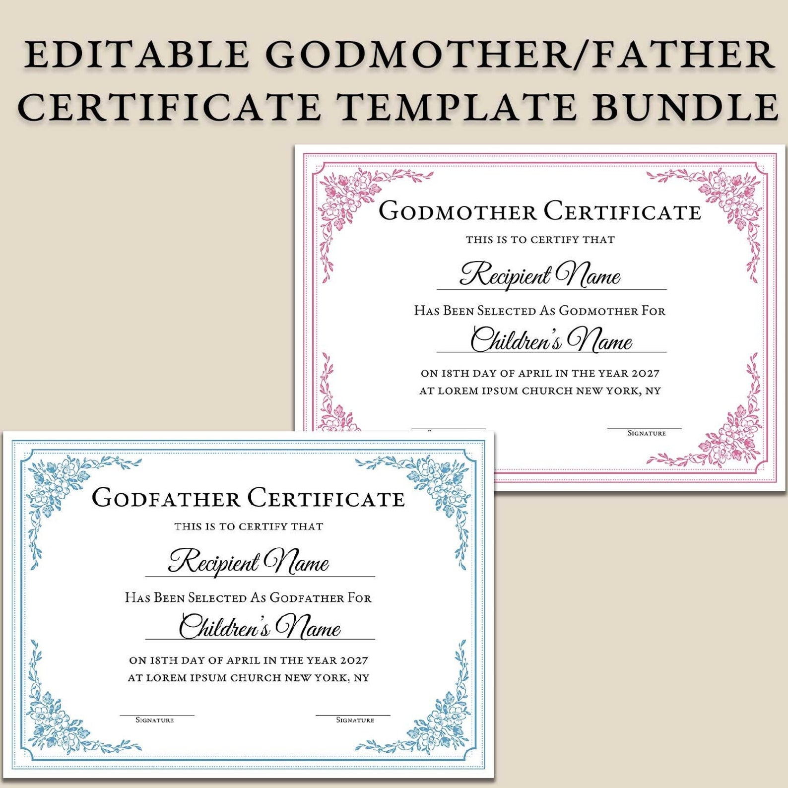Godmother Certificate Template, Editable Godfather Certificate ...