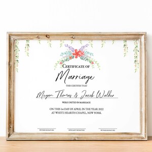 Bearbeitbare Heiratsurkunde-Vorlage, florales Hochzeitsandenken, Heiratsurkunde-Vorlage, personalisierter Hochzeitsgeschenk-Zertifikat-Download