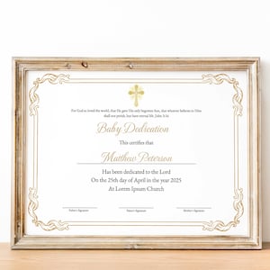 Plantilla de Certificado de Dedicación de Bebé, Plantilla 100% Editable, Dedicación de Niño de Oro Elegante, Certificado de Bautismo Imprimible, Descarga Instantánea