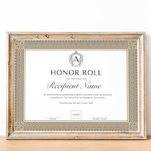 Editable Honor Roll Certificate Template, Elementary School Student Award Certificate of Honor, School Achievement Digital Download