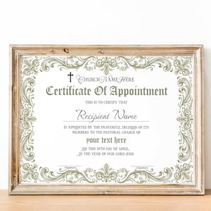 Editable Appointment Certificate Template, Printable Bishop Pastor Appointed Certificate, Ordained Pastor Appointment Church Certificate