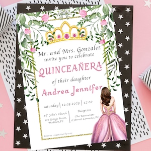 Personalized Editable Quinceañera Invitation Template, Mis Quince Anos, 15th Birthday Invite, Pink Flowers Birthday Invitation, Tiara