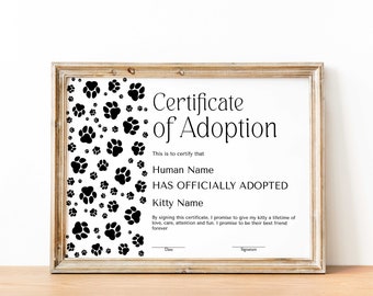 Edytowalny certyfikat adopcji kota i psa, szablon certyfikatu adopcji zwierząt, wydrukowany certyfikat przyjęcia adopcyjnego dla zwierząt, przyjęcie urodzinowe dla kota