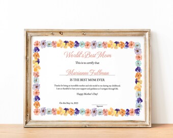 Editable Best Mom Certificate Template, Mother's Day Certificate Best Mom Award Colorful Flowers Gift for Mothers Day Digital Download