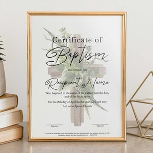 Plantilla de certificado de recuerdo de bautismo minimalista, certificado de bautizo editable, certificado de bautismo cruzado verde Descarga digital
