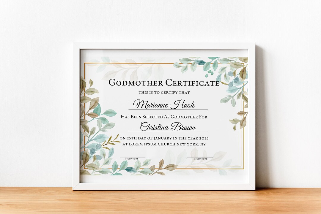Godmother Certificate Template, 100% Editable, Godfather Certificate ...
