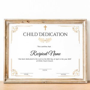 Plantilla de certificado de dedicación de bebé dorado, certificado de dedicación de niño, certificado de bautismo imprimible, certificado de bebé delicado