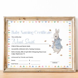 Plantilla editable de certificado de nombramiento de bebé niño Certificado imprimible de ceremonia de nombramiento Descarga del día de nombramiento del tema Conejo con chaqueta azul