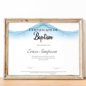 Plantilla de certificado de bautismo editable, certificado minimalista imprimible de bautismo bautizo certificado de fondo de agua Descarga instantánea