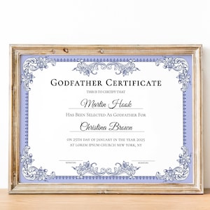 Plantilla de certificado de padrino editable, certificado de bautismo imprimible, certificado de padrino de regalo moderno azul polvoriento elegante, padrinos