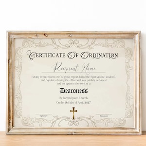 Plantilla de certificado de ordenación de diácono y diaconisa, certificado de ordenación para diácono, certificado de ministerio editable Ministro ordenado