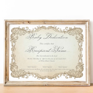 Plantilla de certificado de dedicación de bebé, bautismo, bautizo de bebé, certificado moderno y elegante, plantillas de iglesia editables e imprimibles, Descargar