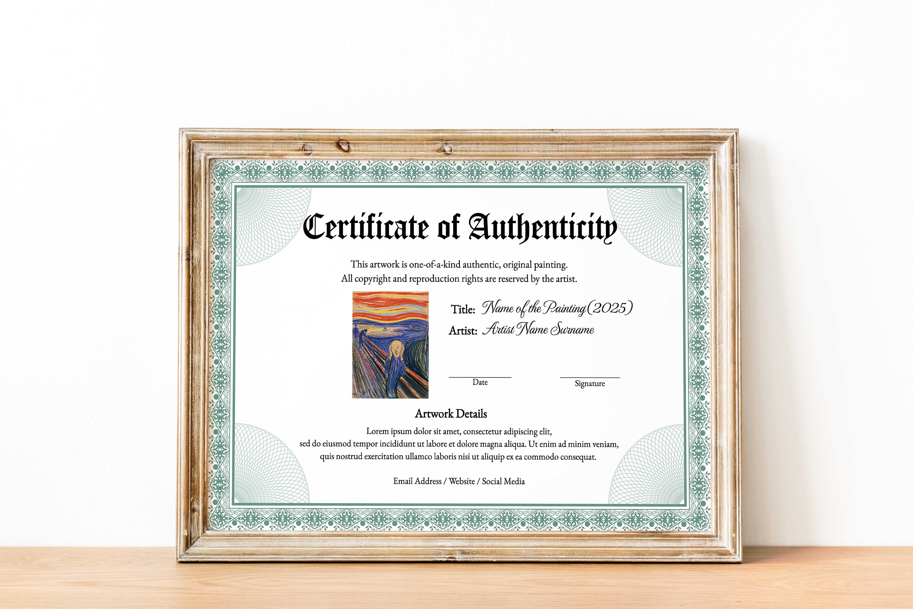 Certificate of Authenticity for Artwork, Editable Certificate of