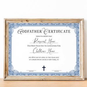 Plantilla de certificado de padrino editable, certificado de bautismo imprimible elegante regalo moderno padrino verde certificado de padrino Descargar