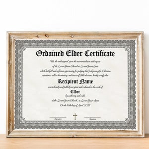Plantilla de certificado de anciano ordenado editable, certificado de ordenación de lujo vintage imprimible, plantilla elegante de certificado de anciano de la iglesia