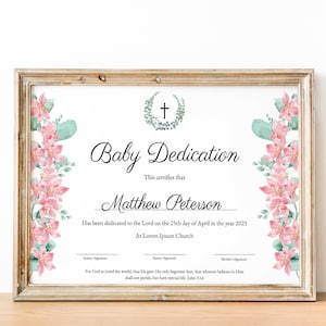 Certificado de dedicación de bebé, Plantilla de certificado de dedicación de bebé niña, Regalo de bautismo editable, Dedicación de bautizo de bebé imprimible, Rosa