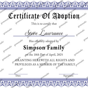 Certificate of Adoption to Our Family, Editable Printable Adoption ...