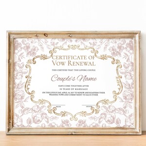 Elegantes Zertifikat zur Erneuerung des Eheversprechens, bearbeitbare, druckbare Zertifikatvorlage, Geschenk zum Hochzeitstag, Erneuerung des Eheversprechens, herunterladen
