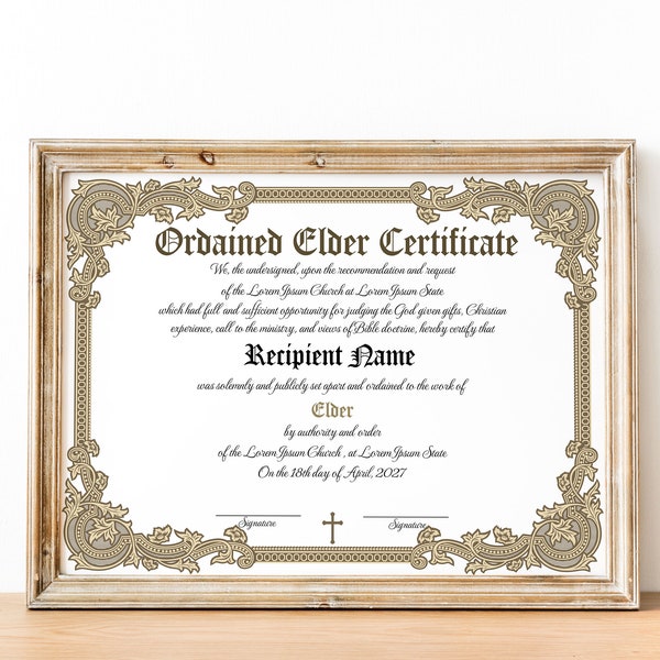 Editable Ordained Elder Certificate Template, Printable Vintage Luxury Certificate of Ordination, Elegant Church Elder Certificate Template