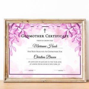Bewerkbare Godmother certificaatsjabloon, afdrukbare doopcertificaat elegante stoffige Rose moderne Gift Godmother certificaat direct downloaden