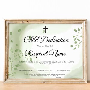 Plantilla de certificado de dedicación de niño de Greenery, dedicación de bebé, certificado de bautismo imprimible de bautizo de bebé editable Descargar