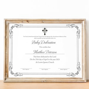 Plantilla de certificado de dedicación de bebé, bautismo, bautizo de bebé, dedicación simple moderna, plantillas de iglesia imprimibles editables Descargar