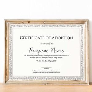 Certificat d&#39;adoption pour notre famille, modèle de certificat d&#39;adoption imprimable modifiable, certificat-cadeau pour belle-mère élégante, téléchargement