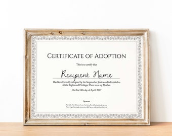 Certyfikat adopcji do naszej rodziny, edytowalny szablon certyfikatu adopcji do wydruku, elegancki certyfikat podarunkowy dla macochy, pobierz