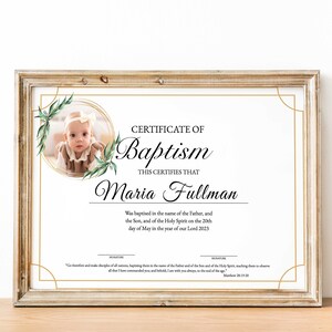 Plantilla de certificado de bautismo con foto, ceremonia de dedicación de bautizo de bautismo, plantilla de iglesia personalizada imprimible editable, bautismo