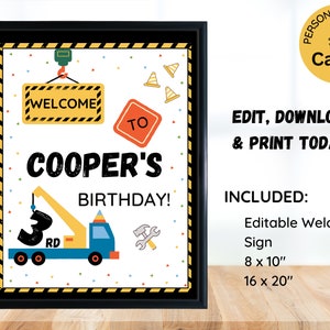 EDITABLE Construction Birthday Party Welcome Sign Template, Construction Birthday Party Custom Sign Template, Printable Kids Party Decor