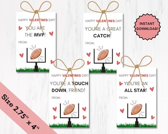 Football Valentines Card, Valentines Tags, Printable Tags For Kids, Sports Theme, Valentines Cards For School, Instant Download, Football