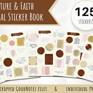 May include: A digital sticker book with 125 stickers featuring scripture and faith quotes. The stickers are pre-cropped for GoodNotes and are also available as individual PNG files. The stickers are in a variety of colours and designs, including pink, brown, and gold.