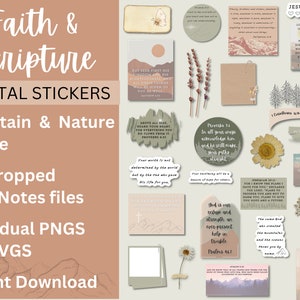 May include: Digital stickers featuring mountain and nature themes with inspirational quotes from the Bible. The stickers are pre-cropped for GoodNotes files and come in PNG and SVG formats.  The text on the stickers includes: "But seek first His kingdom...", "Above all else, guard your heart...", "Proverbs 3:6", "Your testimony will be a beacon of hope for others", "God is our refuge and strength...", "For I know the plans I have for you...", "The same God who created the mountains...", "May the God of hope fill you with all joy and peace...", "Jesus Loves You", "Love is patient, love is kind...", "1 Corinthians 13:4", "1 Corinthians 16:14", "Let everything you do be done in love", "In Christ Jesus our Lord", "Romans 8:12", "Don't let anyone look down on you because you are young...", "I can do everything through Christ who gives me strength."