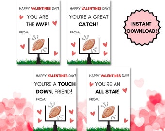 May include: Four printable Valentine's Day cards featuring a football going through a goal post. The cards say "Happy Valentine's Day! You are the MVP!" "Happy Valentine's Day! You're a great catch!" "Happy Valentine's Day! You're a touch down, friend!" and "Happy Valentine's Day! You're an all star!"