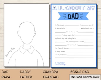 Personalized Gift For Dad, Father's Day Card, Coloring Cards, All About Dad, Printable Cards, DIY Fathers Day Gift, Fill In The Blanks