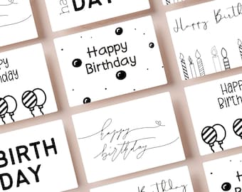 Digital Download Happy Birthday Cards, Printable Birthday Card, Black And White Birthday Card Pack, Simple Birthday Card, Minimalist Card
