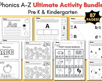 Kindergarten Worksheets Printable, Kindergarten Homeschool Printables, Alphabet Tracing, Phonics Worksheet, Preschool Curriculum, A-Z 87 Pgs