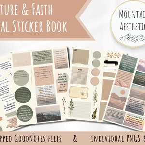 May include: Digital sticker book with a mountain aesthetic. The stickers feature scripture quotes and mountain scenery in shades of brown, green, and pink. The stickers are pre-cropped for GoodNotes and available as individual PNG and SVG files.