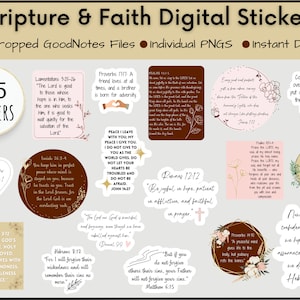 Op de afbeelding: Een set van 125 digitale stickers met bijbelteksten en bloemmotieven. De stickers zijn vooraf geknipt voor gebruik in GoodNotes en zijn beschikbaar als afzonderlijke PNG-bestanden. De stickers bevatten teksten zoals "De Heer is goed voor wie op Hem hoopt" en "Vrede laat ik u na, mijn vrede geef ik u".