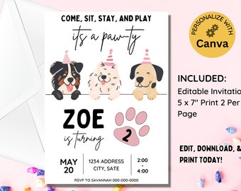 Invitación EDITABLE de Pawty de Cachorro, Fiesta de Cumpleaños de Cachorro, Cumpleaños de Adopción de Cachorro, Invitación Temática de Perro, Plantilla de Invitación de Cumpleaños Imprimible