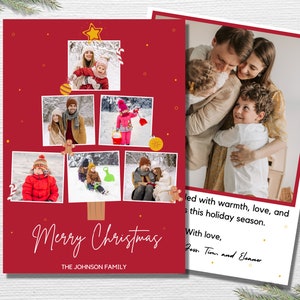 Red Christmas Photo Card, Editable Christmas Card Template, Printable Holiday Card, Modern Christmas Photo Collage, 5x7 Front And Back Card