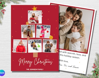 Red Christmas Photo Card, Editable Christmas Card Template, Printable Holiday Card, Modern Christmas Photo Collage, 5x7 Front And Back Card