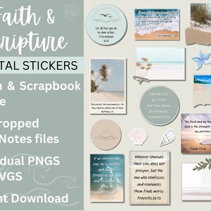 May include: Digital stickers with a beach and scrapbook theme. The stickers feature various bible verses and quotes about faith and love. The stickers are pre-cropped for GoodNotes files and come in individual PNG and SVG formats.