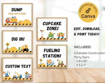 Peut inclure: Cinq pancartes de fête de construction imprimables avec une bordure rayée jaune et noire. Les pancartes présentent des illustrations de véhicules de construction et le texte "Dump Your Gifts Here", "Dig In!", "Cupcake Zone!", "Fueling Station!" et "Custom Text".