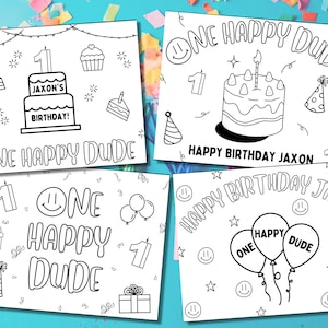 ONE Happy Dude Birthday Coloring Pages, Personalized Party Placemats, 1st Birthday Activities, Boys Birthday One Happy Dude Favors, Digital