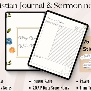 May include: A digital planner with a floral design on the cover. The planner includes sections for calendar, sermon notes, journal paper, SOAP Bible study notes, prayer requests, and tithe tracker. The planner comes with 75 free stickers. The text "My Walk With You" is visible on the cover.